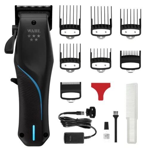 Wahl 5-Star Vapor Cordless Clipper featuring an innovative F32 FADEOUT blade, providing smooth, precise cuts. High-powered motor with adaptive speed control, 2.5 hours of cordless run time, and lightweight ergonomic design.