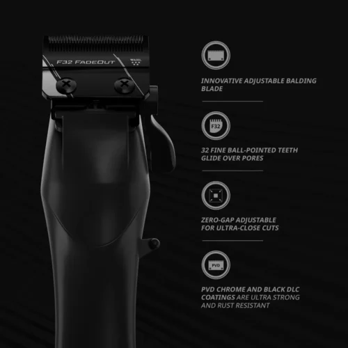 Wahl 5-Star Vapor Cordless Clipper featuring an innovative F32 FADEOUT blade, providing smooth, precise cuts. High-powered motor with adaptive speed control, 2.5 hours of cordless run time, and lightweight ergonomic design.